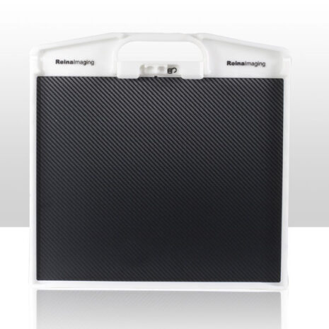 3-9 Front angled view of a black textured panel with a white frame, integrated handle, and “Reina Imaging” branding.
