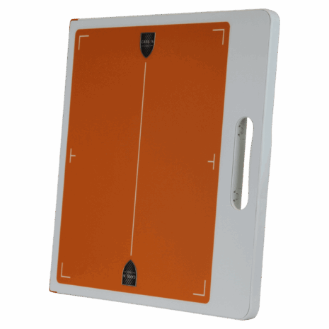 3-CC14_TUBE_HERO1 Orange X-ray grid with alignment markers and a white handle on the side.