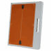 Orange X-ray grid with alignment markers and a white handle on the side.