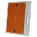 Orange X-ray grid with alignment markers and a white handle on the side.