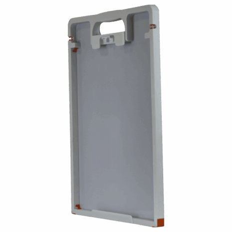 3-CCVNG14_HERO_BACK Gray imaging panel with a light gray frame, built-in top handle, and orange corner accents shown at an angle.