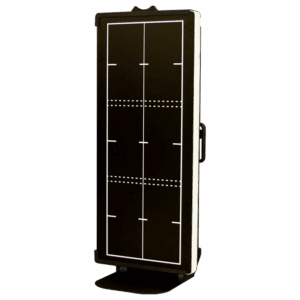 Angled view of a tall cart with a vertical panel featuring a grid pattern