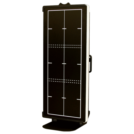 Angled view of a tall cart with a vertical panel featuring a grid pattern