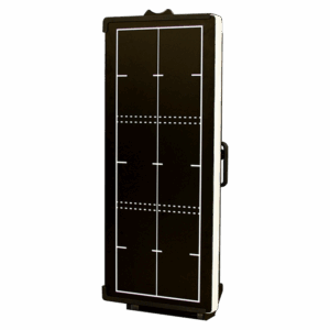 Tall black folding game table with white grid lines and side handle