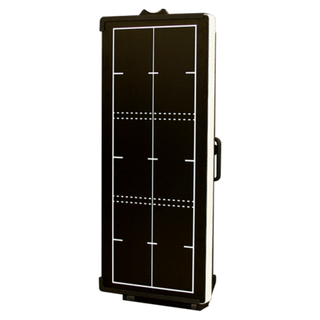 3-Hero-Portrait-with-grid-2 Tall black folding game table with white grid lines and side handle