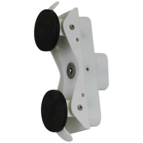 3-NDT4HFEMMK_2749 White adjustable holder with two black circular pads and angled arms, featuring multiple screws and a central mount.
