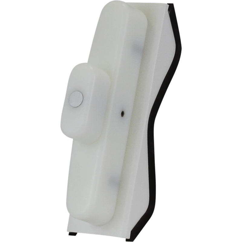 White wall-mounted holder with a curved black edge and a central protruding latch or knob.