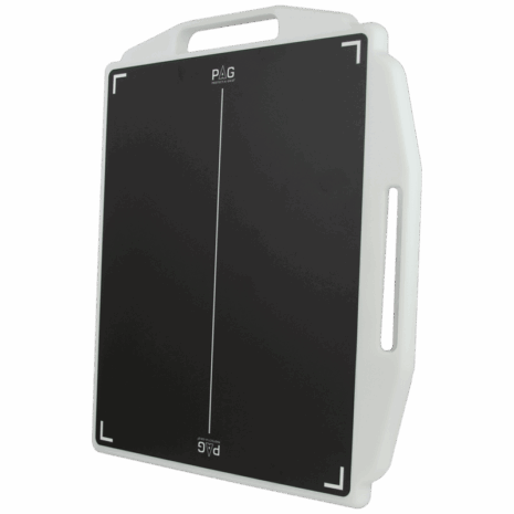 3-PB2H14_TUBE_PORT_HERO Angled front view of a black X-ray grid with white alignment markers, encased in a white protective frame with two handles