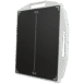Angled front view of a black X-ray grid with white alignment markers, encased in a white protective frame with two handles