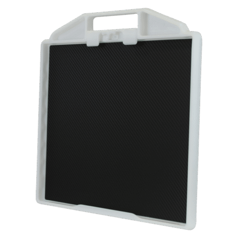 3-PBDRNG14_BACK-HERO Angled view of a black textured panel with a white frame and integrated handle.