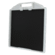 Angled view of a black textured panel with a white frame and integrated handle.