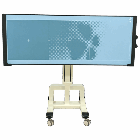 3-POSPCO-_Front_Landscape Horizontal X-ray panel mounted on mobile stand with caster wheels.