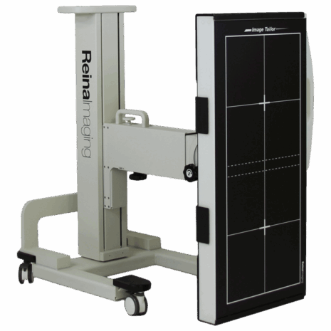 3-it_posp_hero_lowest Angled view of a mobile X-ray panel holder in a low vertical position with alignment markers, Reina Imaging branding, and four caster wheels.