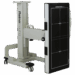 Angled view of a mobile X-ray panel holder in a low vertical position with alignment markers, Reina Imaging branding, and four caster wheels.