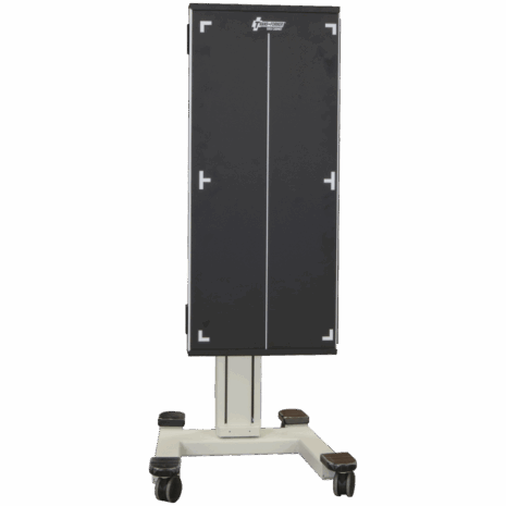 3-pospll Vertical mobile X-ray panel holder with alignment markers and four caster wheels.