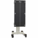 Vertical mobile X-ray panel holder with alignment markers and four caster wheels.