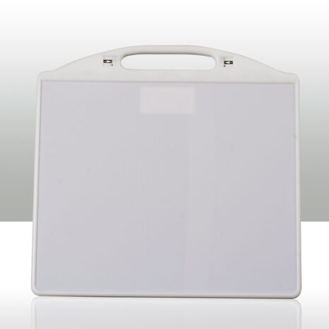 3_44 Front view of a white-framed panel with integrated handle and smooth gray surface.