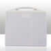 Front view of a white-framed panel with integrated handle and smooth gray surface.