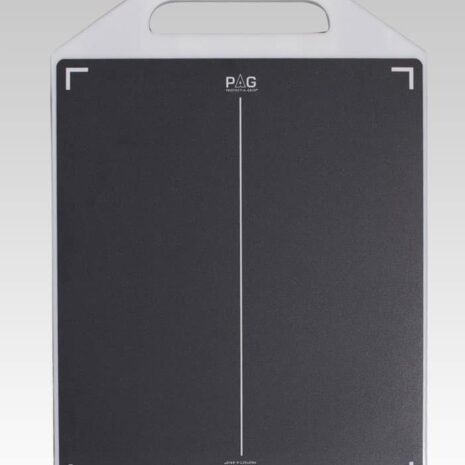 4 Front view of a white frame with a large rectangular handle cutout and a black positioning board featuring white corner markers and a center alignment line.