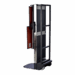 Rear angled view of a mobile X-ray cassette holder with metal frame and wheels.