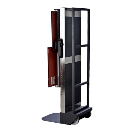 4-2-2 Rear angled view of a mobile X-ray cassette holder with metal frame and wheels.