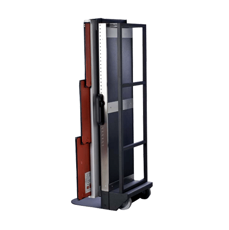 4-3-1 Rear angled view of a mobile X-ray cassette holder with metal frame and wheels.