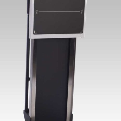 4-4 Wall-mounted transformer cabinet with square front panel in horizontal position on a black metal frame
