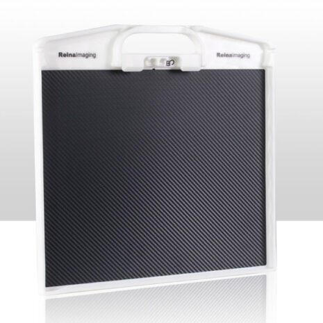 4-9 Front angled view of a black textured panel with a white frame, integrated handle, and “Reina Imaging” branding.