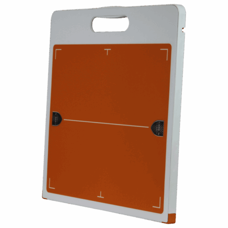 4-CC14_TUBE_HERO Orange X-ray grid with alignment markers and a white handle on the side.