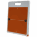 Orange X-ray grid with alignment markers and a white handle on the side.