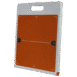 Orange X-ray grid with alignment markers and a white handle on the side.