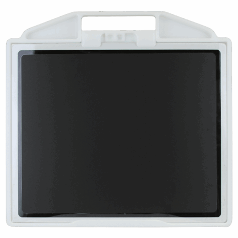4-LB1417-BACK-HOLDER-ACTION Black flat panel detector inside a white holder with integrated handle, shown from the back