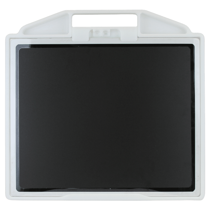 Black flat panel detector inside a white holder with integrated handle, shown from the back