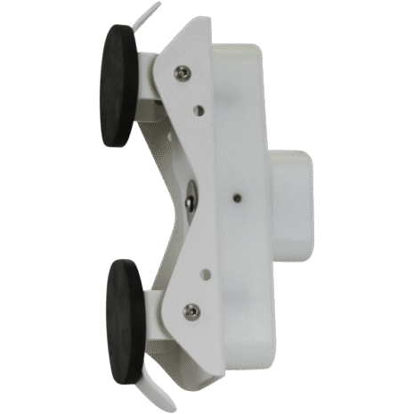 4-NDT4HFEMMK_2750 White adjustable holder with two black circular pads and angled arms, featuring multiple screws and a central mount.