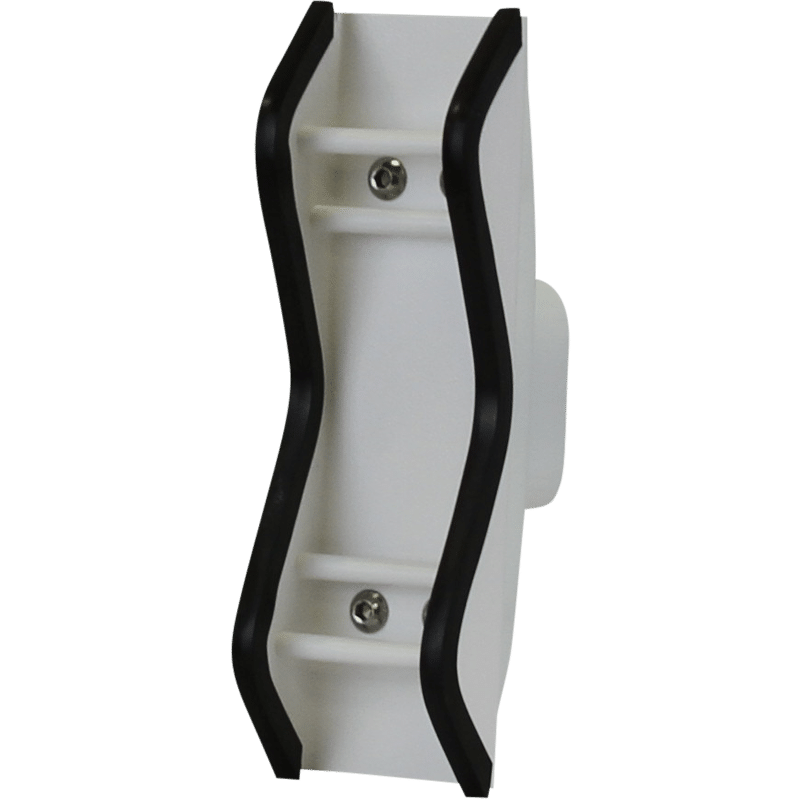 White wall-mounted holder with two curved black rubber grips and two visible screws.