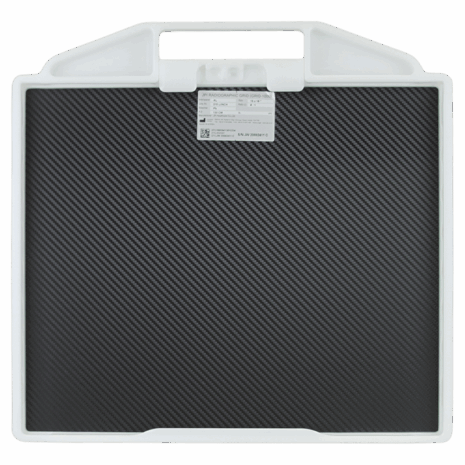 4-PBDR14-BACK Carbon-fiber radiographic grid with white plastic frame and handle, showing a label at the top