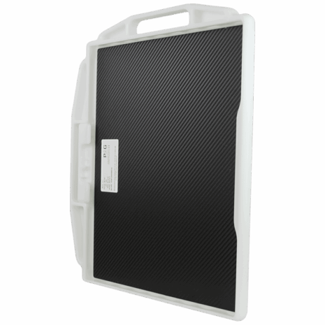 4-PBH214_PORT_HERO_BACK Angled view of a carbon fiber X-ray grid in a white protective frame with multiple handles and a PAG label on the back