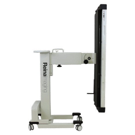 4-PROFILE-HIGH-POSPGL Side view of a mobile X-ray panel holder with Reina Imaging branding, adjustable arm, and four caster wheels.