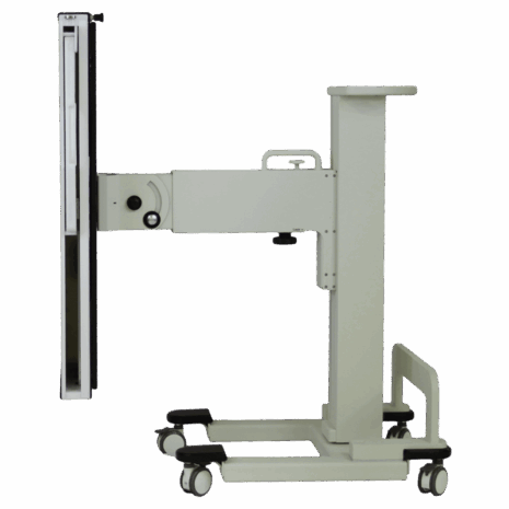 4-it_posp_full-profile Side view of a mobile X-ray panel holder showing the thin profile of the panel, adjustable arm mechanism, and wheeled base.