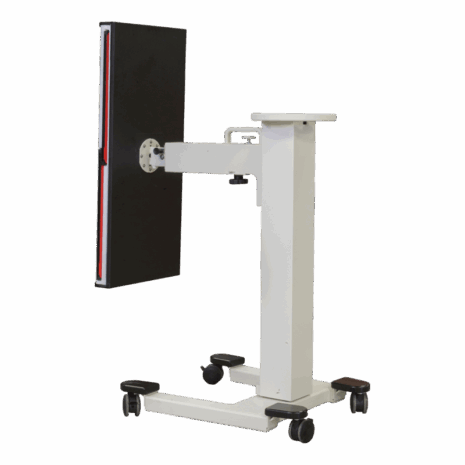 4-pospll-hero-back Mobile X-ray panel holder with adjustable arm and four caster wheels.