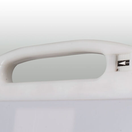 4_44 Close-up of a white integrated handle with two locking sliders featuring directional arrows.
