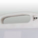 Close-up of a white integrated handle with two locking sliders featuring directional arrows.