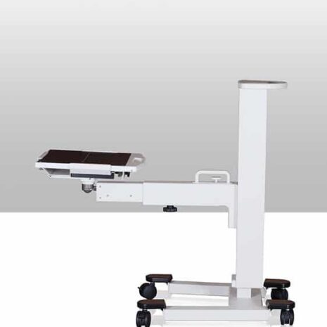 5 Mobile equipment stand with adjustable horizontal arm and flat mounting platform in lowered position