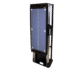 Angled view of a wall-mounted X-ray film holder with dark gray front panel, white alignment markings, and adjustable metal frame for upright radiographic imaging
