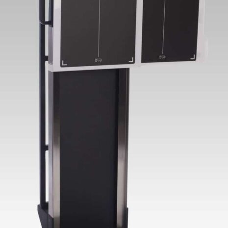 5-4 Wall-mounted transformer cabinet with two square front panels in vertical position on a black metal frame