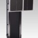 Wall-mounted transformer cabinet with two square front panels in vertical position on a black metal frame
