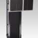 Wall-mounted transformer cabinet with two square front panels in vertical position on a black metal frame