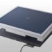 Two stacked flat panels with dark blue surfaces and white edges, each featuring a centered crosshair and connected cable.