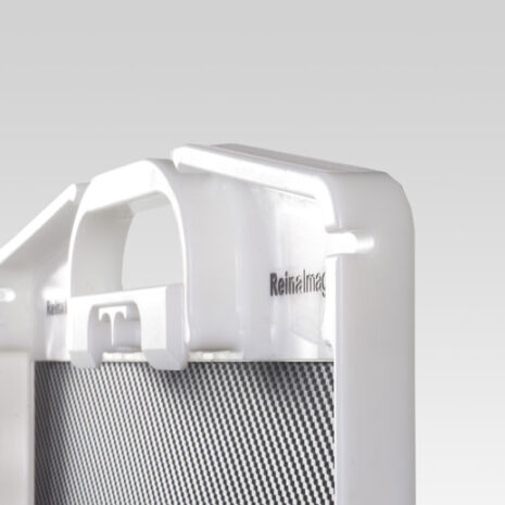 5-9 Angled view of a white frame with integrated handle and visible black textured panel.