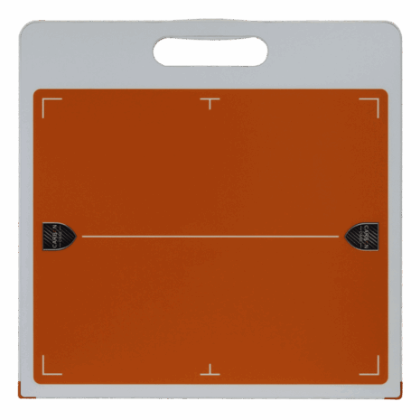 5-CC14_TUBE Orange X-ray grid with alignment markers and a white handle on the side.